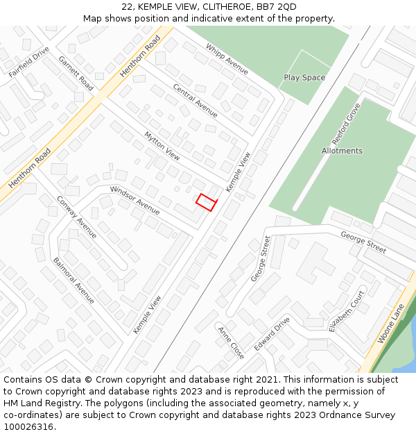 22, KEMPLE VIEW, CLITHEROE, BB7 2QD: Location map and indicative extent of plot