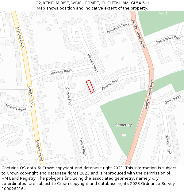22, KENELM RISE, WINCHCOMBE, CHELTENHAM, GL54 5JU: Location map and indicative extent of plot
