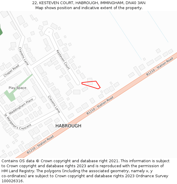 22, KESTEVEN COURT, HABROUGH, IMMINGHAM, DN40 3AN: Location map and indicative extent of plot