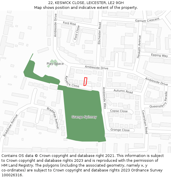 22, KESWICK CLOSE, LEICESTER, LE2 9GH: Location map and indicative extent of plot