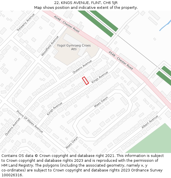 22, KINGS AVENUE, FLINT, CH6 5JR: Location map and indicative extent of plot