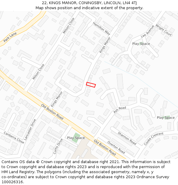 22, KINGS MANOR, CONINGSBY, LINCOLN, LN4 4TJ: Location map and indicative extent of plot