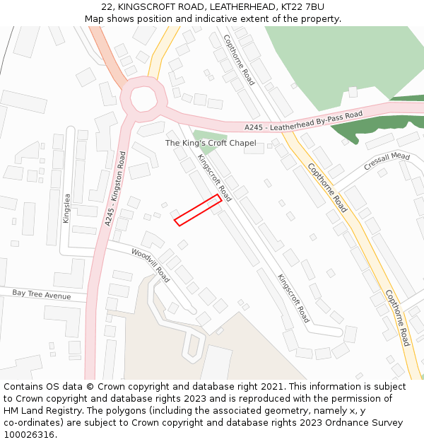 22, KINGSCROFT ROAD, LEATHERHEAD, KT22 7BU: Location map and indicative extent of plot