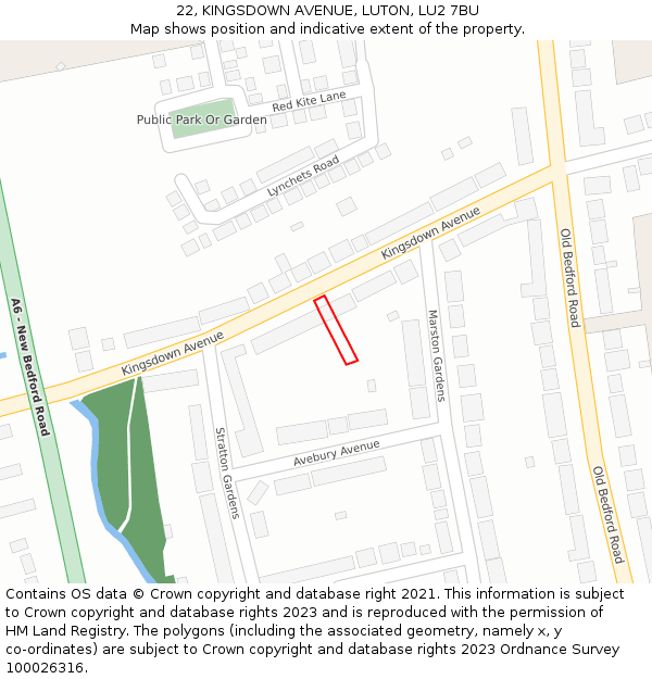22, KINGSDOWN AVENUE, LUTON, LU2 7BU: Location map and indicative extent of plot