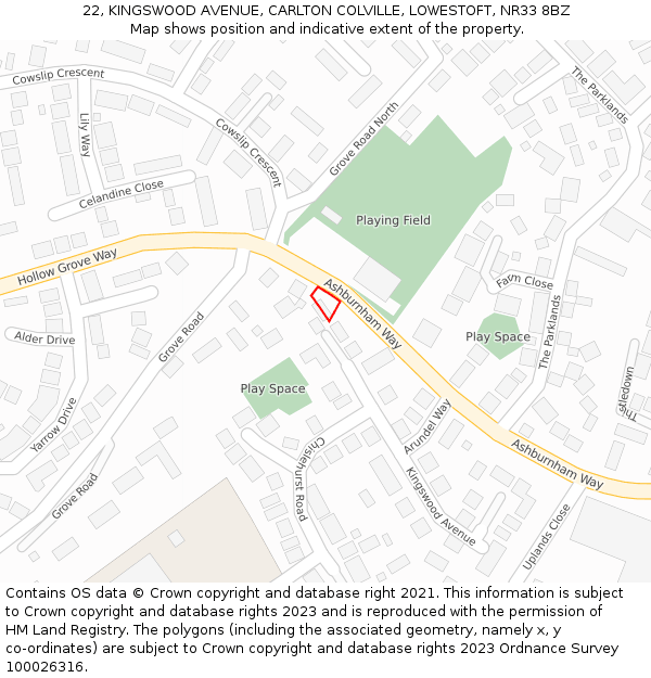 22, KINGSWOOD AVENUE, CARLTON COLVILLE, LOWESTOFT, NR33 8BZ: Location map and indicative extent of plot