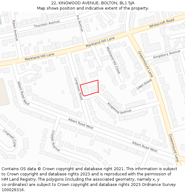 22, KINGWOOD AVENUE, BOLTON, BL1 5JA: Location map and indicative extent of plot