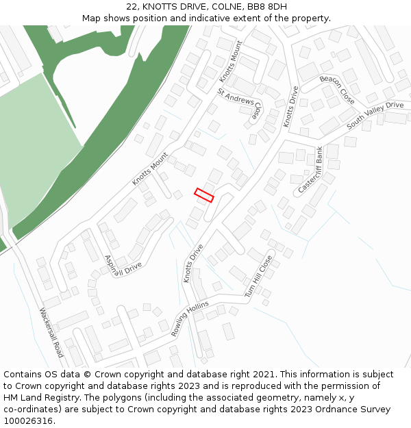 22, KNOTTS DRIVE, COLNE, BB8 8DH: Location map and indicative extent of plot