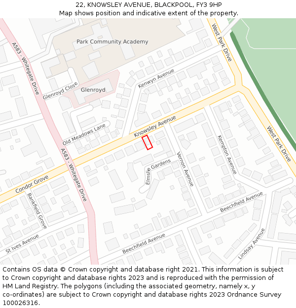22, KNOWSLEY AVENUE, BLACKPOOL, FY3 9HP: Location map and indicative extent of plot