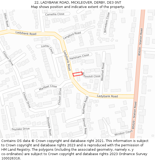 22, LADYBANK ROAD, MICKLEOVER, DERBY, DE3 0NT: Location map and indicative extent of plot
