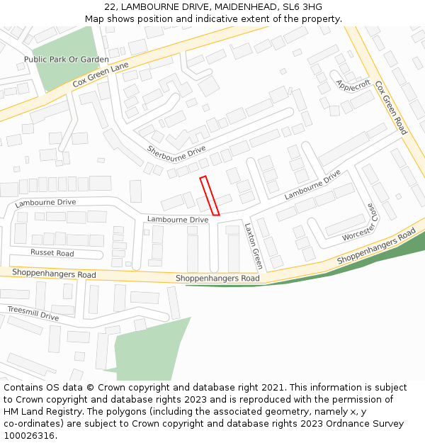 22, LAMBOURNE DRIVE, MAIDENHEAD, SL6 3HG: Location map and indicative extent of plot
