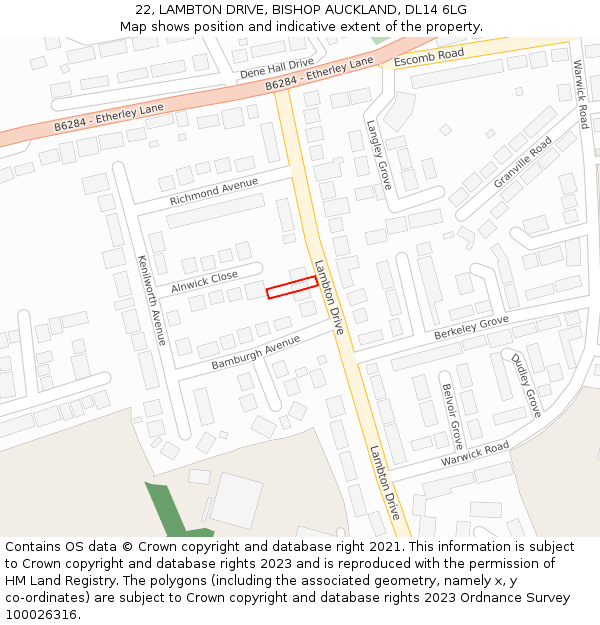 22, LAMBTON DRIVE, BISHOP AUCKLAND, DL14 6LG: Location map and indicative extent of plot