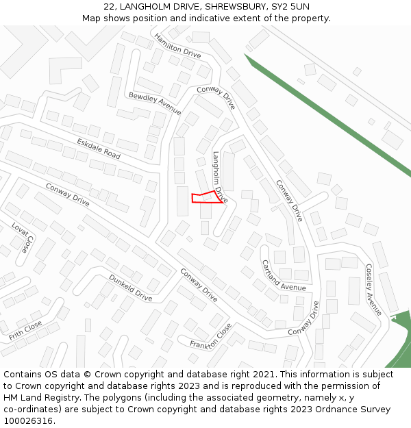 22, LANGHOLM DRIVE, SHREWSBURY, SY2 5UN: Location map and indicative extent of plot