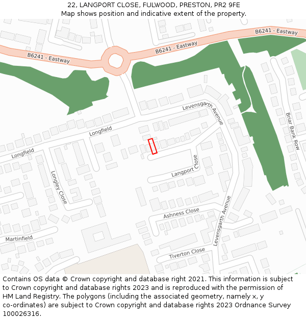 22, LANGPORT CLOSE, FULWOOD, PRESTON, PR2 9FE: Location map and indicative extent of plot