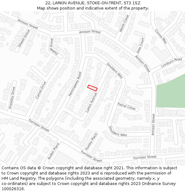 22, LARKIN AVENUE, STOKE-ON-TRENT, ST3 1SZ: Location map and indicative extent of plot