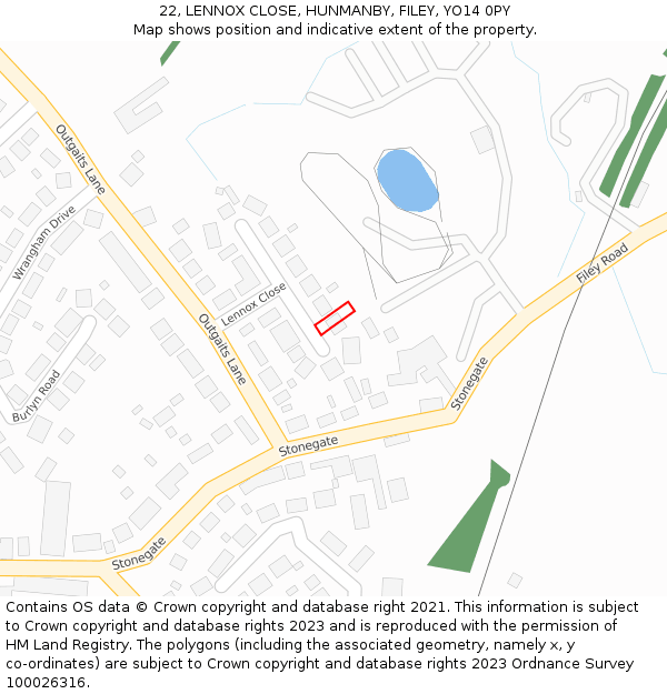 22, LENNOX CLOSE, HUNMANBY, FILEY, YO14 0PY: Location map and indicative extent of plot