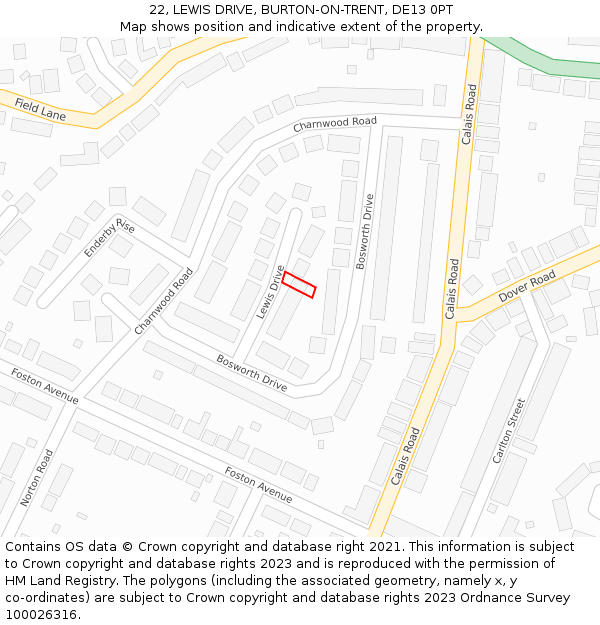 22, LEWIS DRIVE, BURTON-ON-TRENT, DE13 0PT: Location map and indicative extent of plot