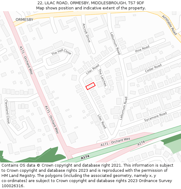 22, LILAC ROAD, ORMESBY, MIDDLESBROUGH, TS7 9DF: Location map and indicative extent of plot