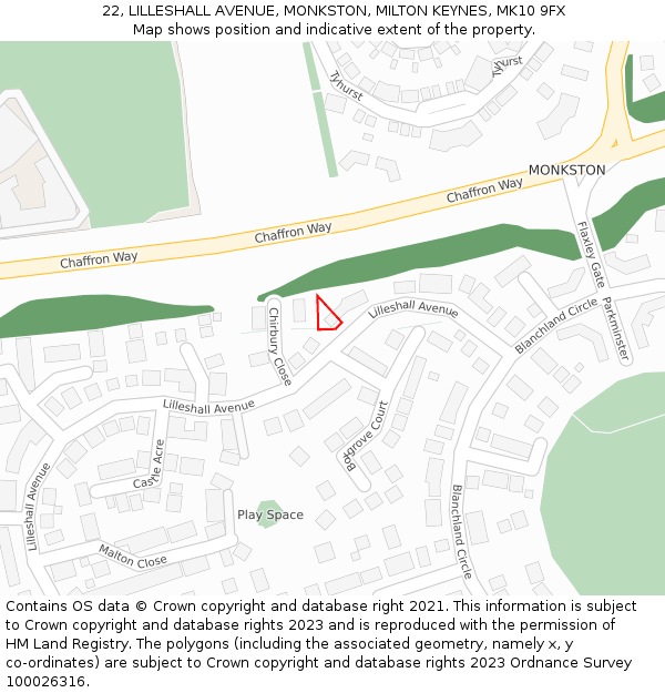 22, LILLESHALL AVENUE, MONKSTON, MILTON KEYNES, MK10 9FX: Location map and indicative extent of plot