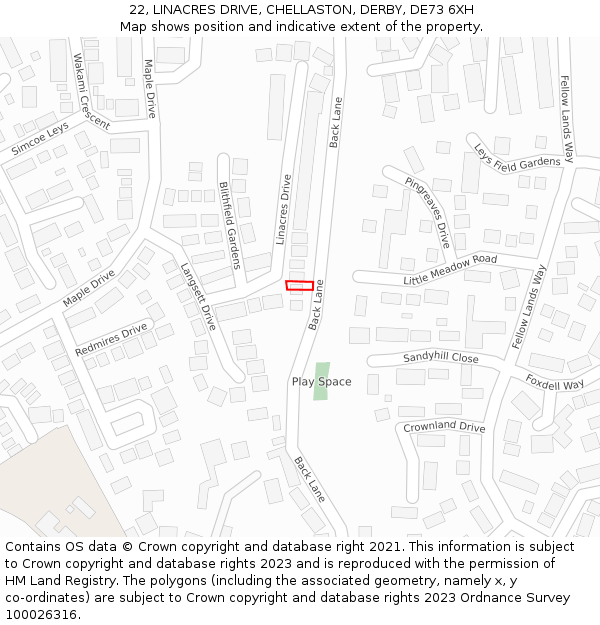 22, LINACRES DRIVE, CHELLASTON, DERBY, DE73 6XH: Location map and indicative extent of plot