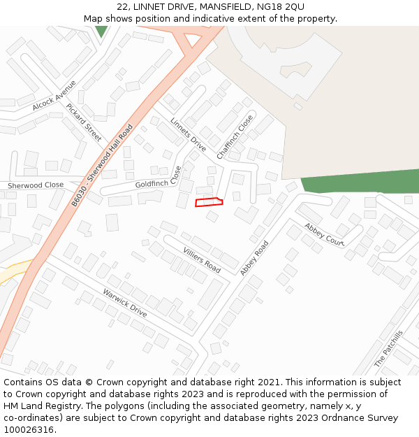 22, LINNET DRIVE, MANSFIELD, NG18 2QU: Location map and indicative extent of plot