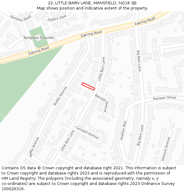22, LITTLE BARN LANE, MANSFIELD, NG18 3JE: Location map and indicative extent of plot