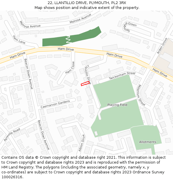 22, LLANTILLIO DRIVE, PLYMOUTH, PL2 3RX: Location map and indicative extent of plot