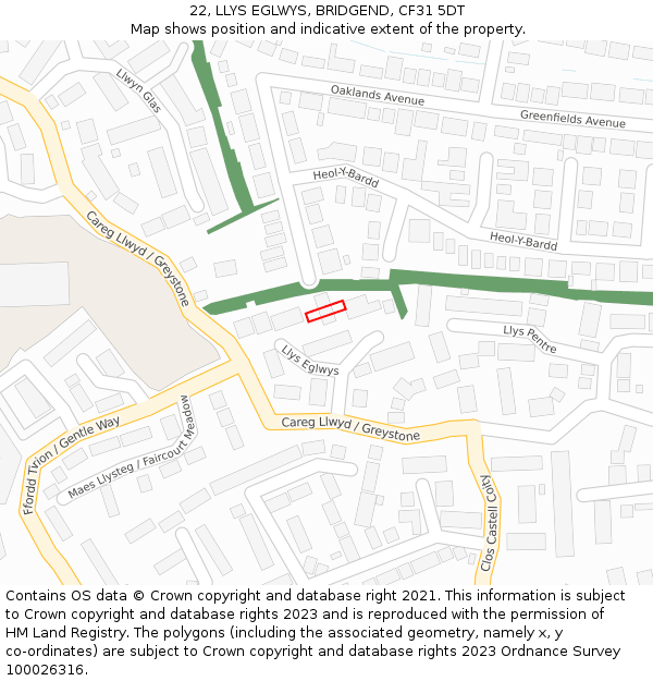 22, LLYS EGLWYS, BRIDGEND, CF31 5DT: Location map and indicative extent of plot