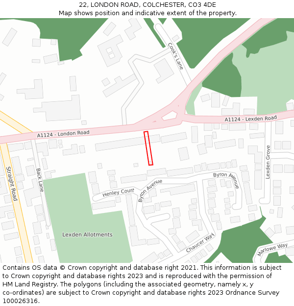 22, LONDON ROAD, COLCHESTER, CO3 4DE: Location map and indicative extent of plot