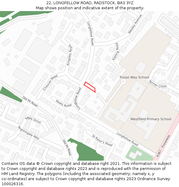 22, LONGFELLOW ROAD, RADSTOCK, BA3 3YZ: Location map and indicative extent of plot