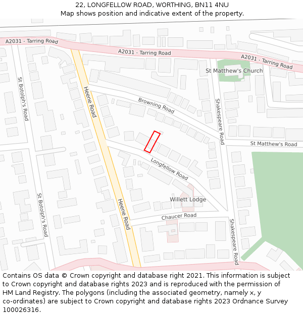 22, LONGFELLOW ROAD, WORTHING, BN11 4NU: Location map and indicative extent of plot