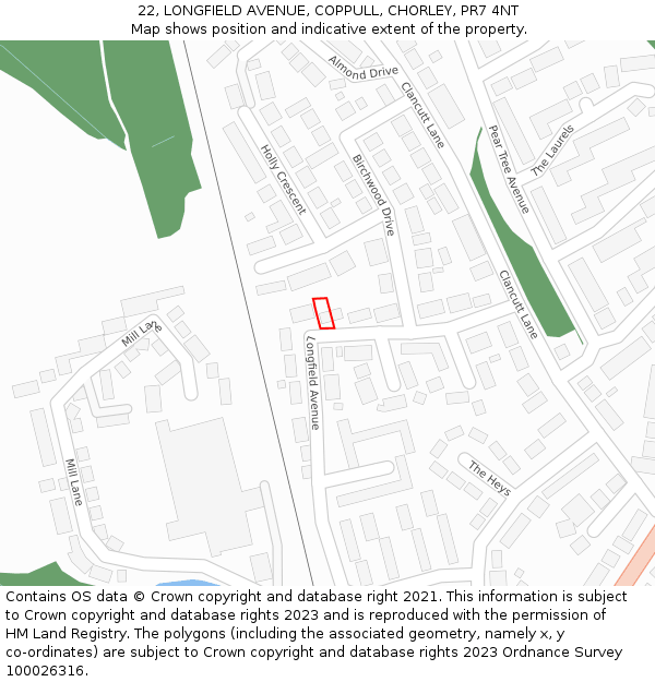 22, LONGFIELD AVENUE, COPPULL, CHORLEY, PR7 4NT: Location map and indicative extent of plot