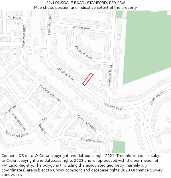 22, LONSDALE ROAD, STAMFORD, PE9 2RW: Location map and indicative extent of plot
