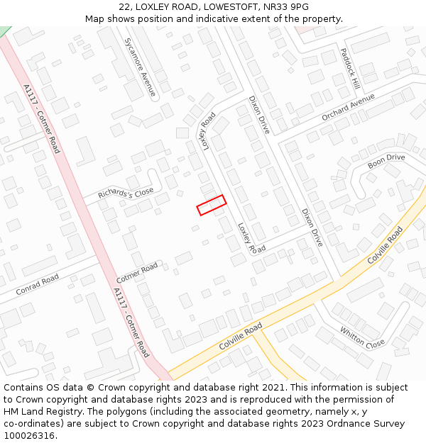 22, LOXLEY ROAD, LOWESTOFT, NR33 9PG: Location map and indicative extent of plot