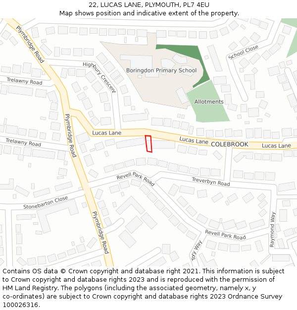 22, LUCAS LANE, PLYMOUTH, PL7 4EU: Location map and indicative extent of plot