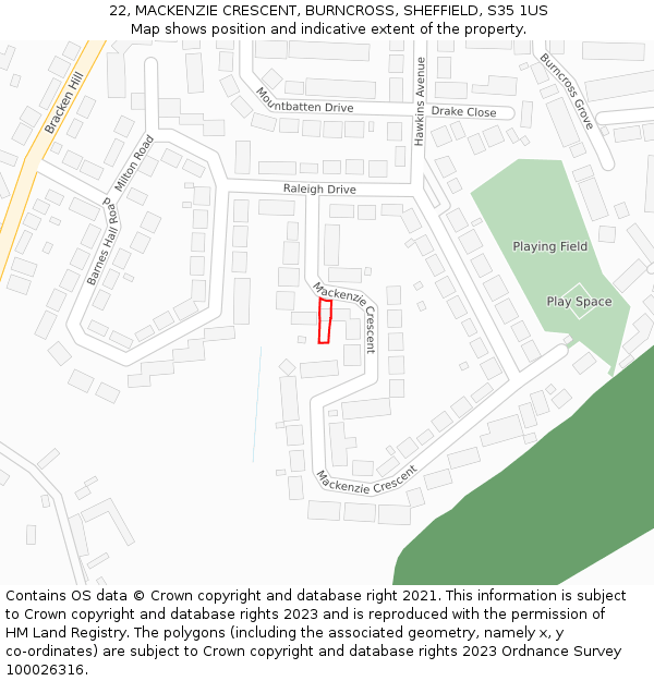 22, MACKENZIE CRESCENT, BURNCROSS, SHEFFIELD, S35 1US: Location map and indicative extent of plot
