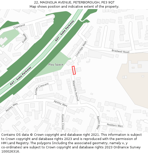 22, MAGNOLIA AVENUE, PETERBOROUGH, PE3 9QT: Location map and indicative extent of plot