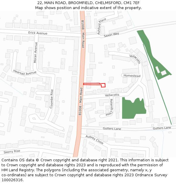22, MAIN ROAD, BROOMFIELD, CHELMSFORD, CM1 7EF: Location map and indicative extent of plot