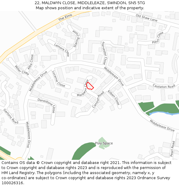 22, MALDWYN CLOSE, MIDDLELEAZE, SWINDON, SN5 5TG: Location map and indicative extent of plot