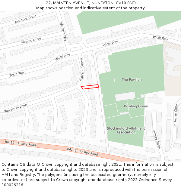 22, MALVERN AVENUE, NUNEATON, CV10 8ND: Location map and indicative extent of plot