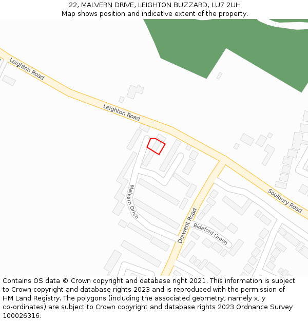 22, MALVERN DRIVE, LEIGHTON BUZZARD, LU7 2UH: Location map and indicative extent of plot
