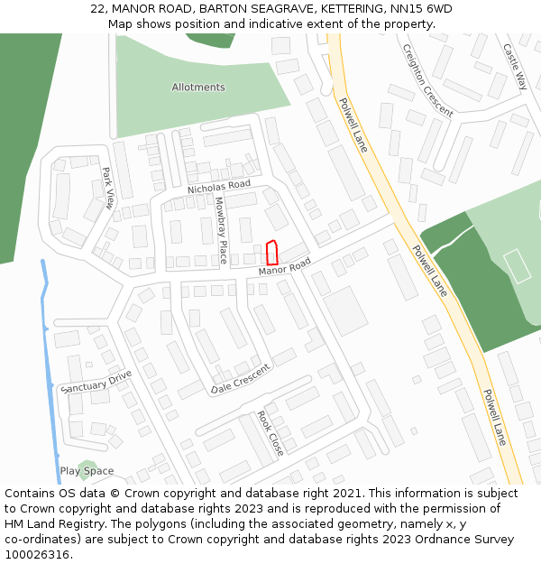 22, MANOR ROAD, BARTON SEAGRAVE, KETTERING, NN15 6WD: Location map and indicative extent of plot