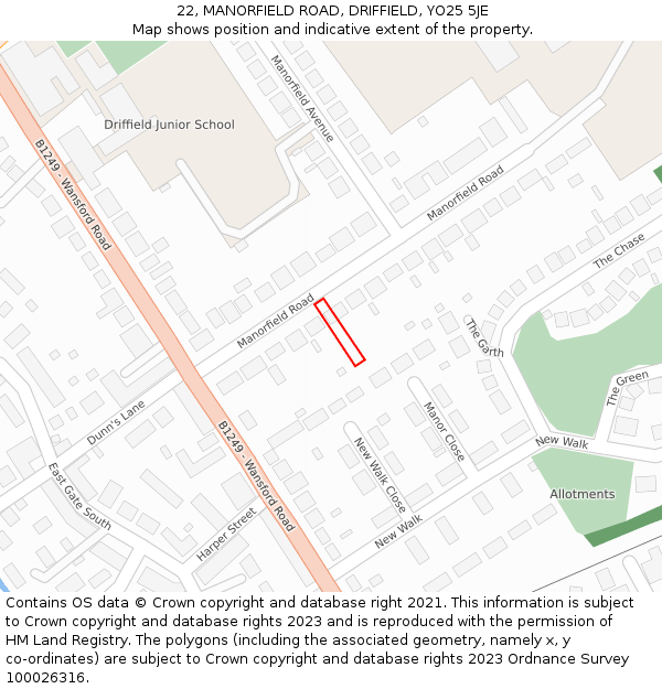 22, MANORFIELD ROAD, DRIFFIELD, YO25 5JE: Location map and indicative extent of plot