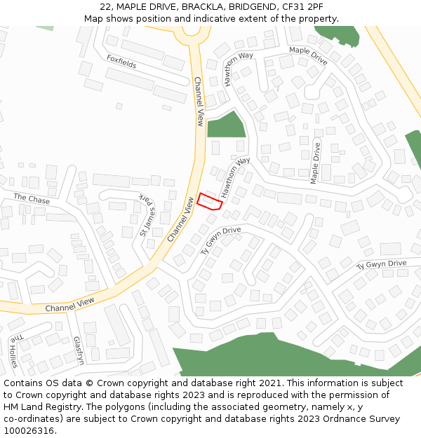 22, MAPLE DRIVE, BRACKLA, BRIDGEND, CF31 2PF: Location map and indicative extent of plot