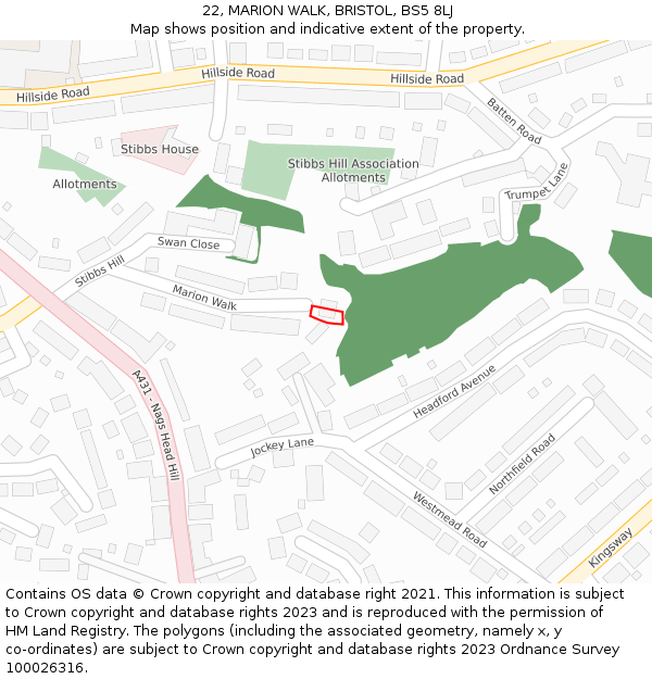 22, MARION WALK, BRISTOL, BS5 8LJ: Location map and indicative extent of plot