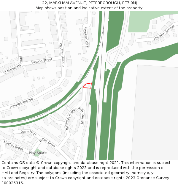 22, MARKHAM AVENUE, PETERBOROUGH, PE7 0NJ: Location map and indicative extent of plot