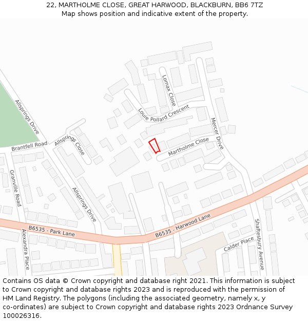 22, MARTHOLME CLOSE, GREAT HARWOOD, BLACKBURN, BB6 7TZ: Location map and indicative extent of plot