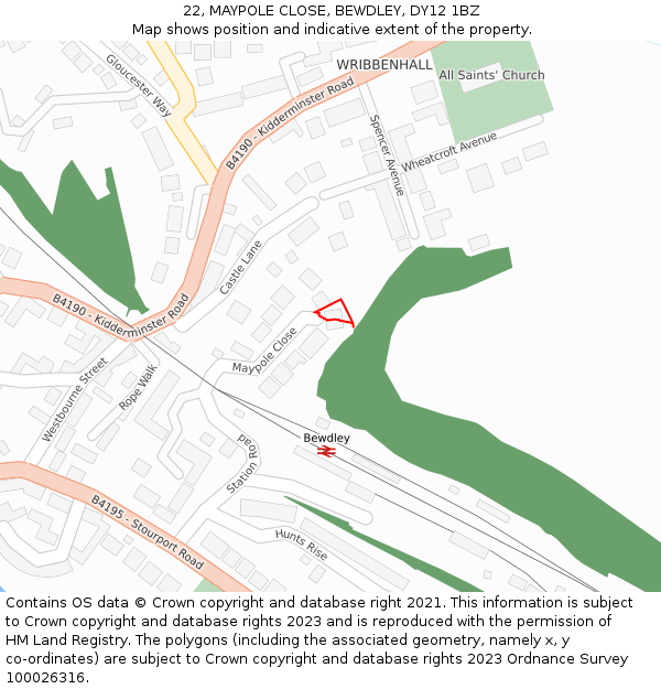 22, MAYPOLE CLOSE, BEWDLEY, DY12 1BZ: Location map and indicative extent of plot