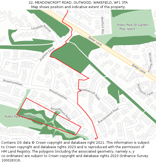 22, MEADOWCROFT ROAD, OUTWOOD, WAKEFIELD, WF1 3TA: Location map and indicative extent of plot