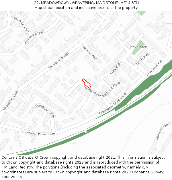 22, MEADOWDOWN, WEAVERING, MAIDSTONE, ME14 5TN: Location map and indicative extent of plot