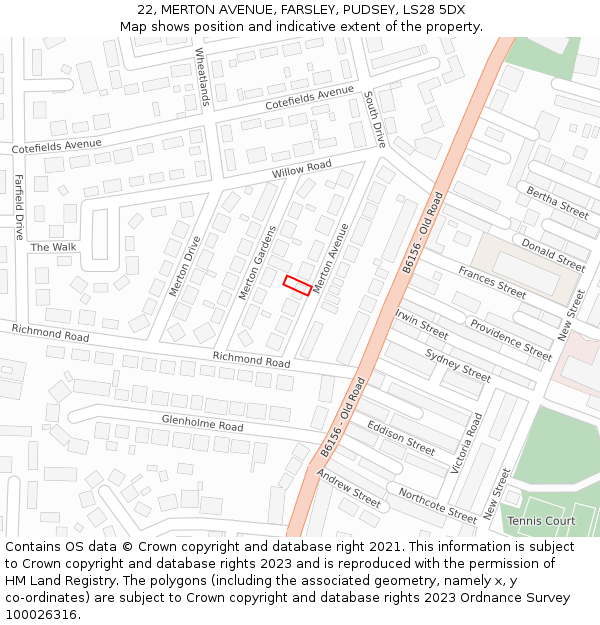22, MERTON AVENUE, FARSLEY, PUDSEY, LS28 5DX: Location map and indicative extent of plot